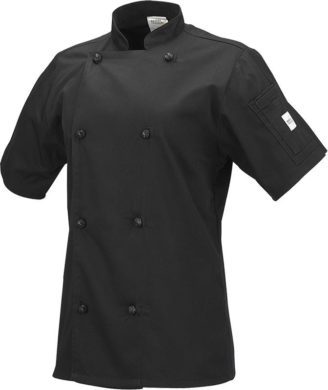 Mercer - Genesis® Black Poly Cotton Women Short Sleeve Chef Jackets with Cloth Knot Button - M61042BK