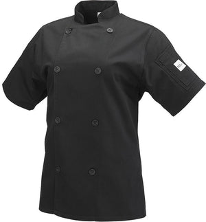 Mercer - Genesis® Black Poly Cotton Women Short Sleeve Chef Jackets with Traditional Button - M61032BK