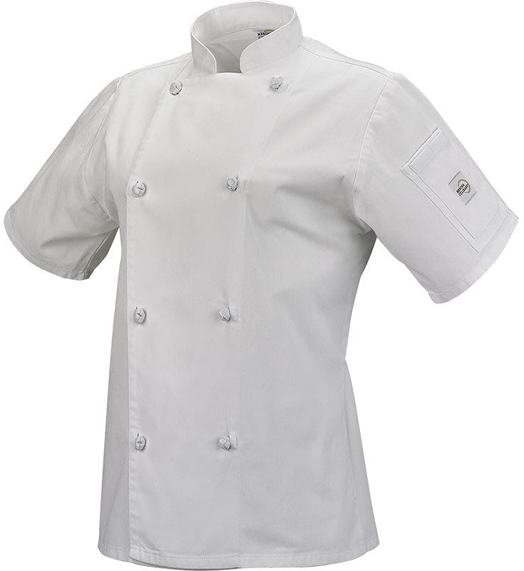 Mercer - Genesis® White Poly Cotton Women Short Sleeve Chef Jackets with Cloth Knot Button - M61042WH