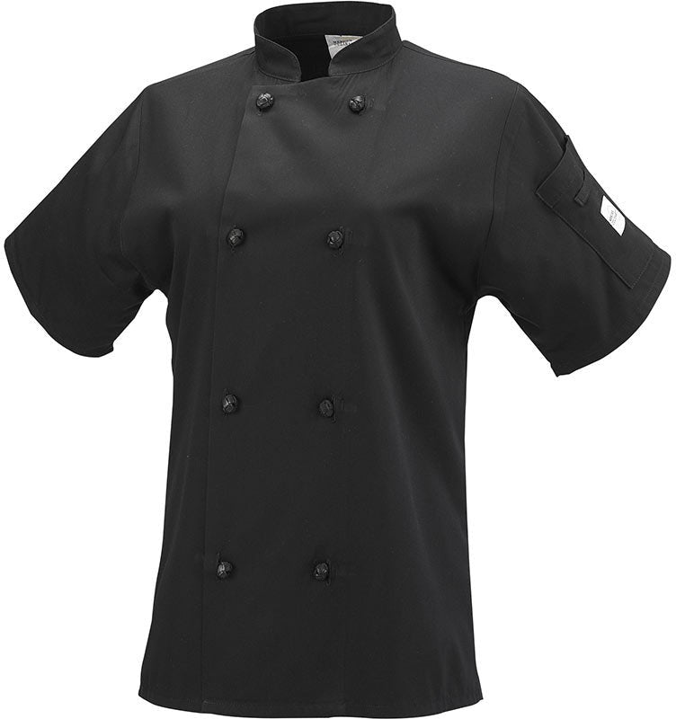 Mercer - Millennia® Poly Cotton Black Women's Short Sleeve Cook Jacket with Cloth Knot Buttons - M60024BK