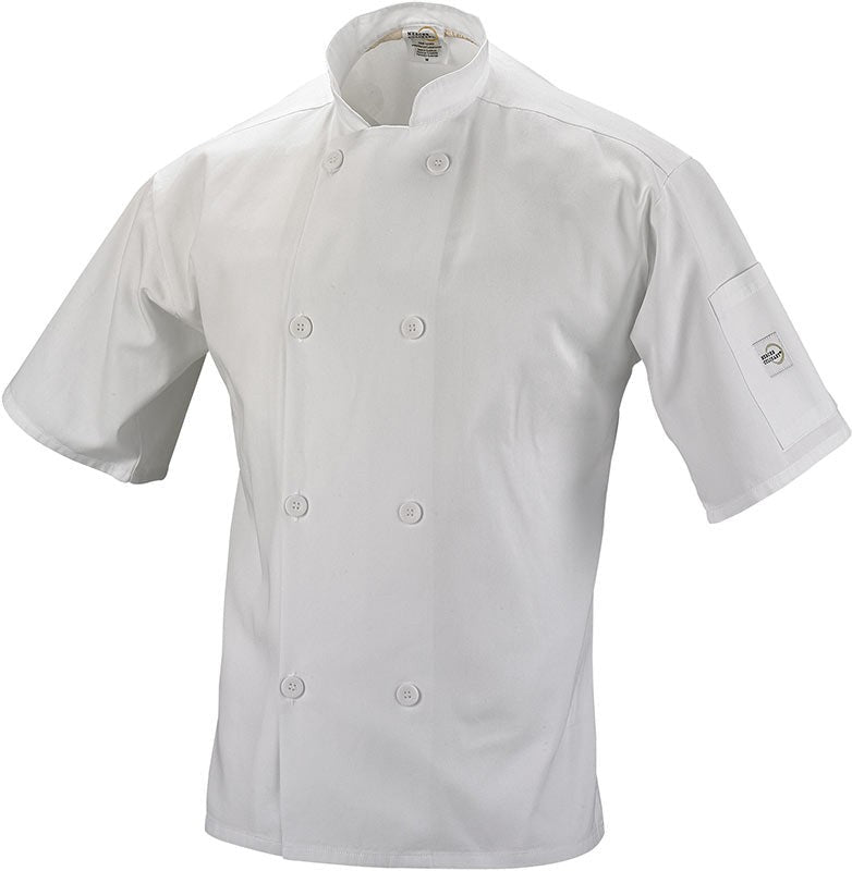 Mercer - Millennia® Poly Cotton White Short Sleeve Unisex Cook Jacket with Traditional Button - M60013WH