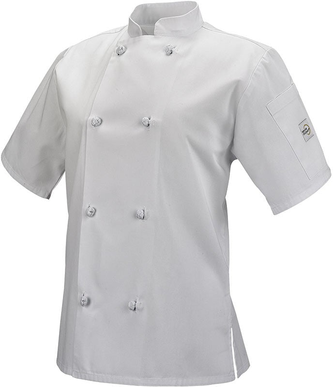 Mercer - Millennia® Poly Cotton White Women's Short Sleeve Cook Jacket with Cloth Knot Buttons - M60024WH