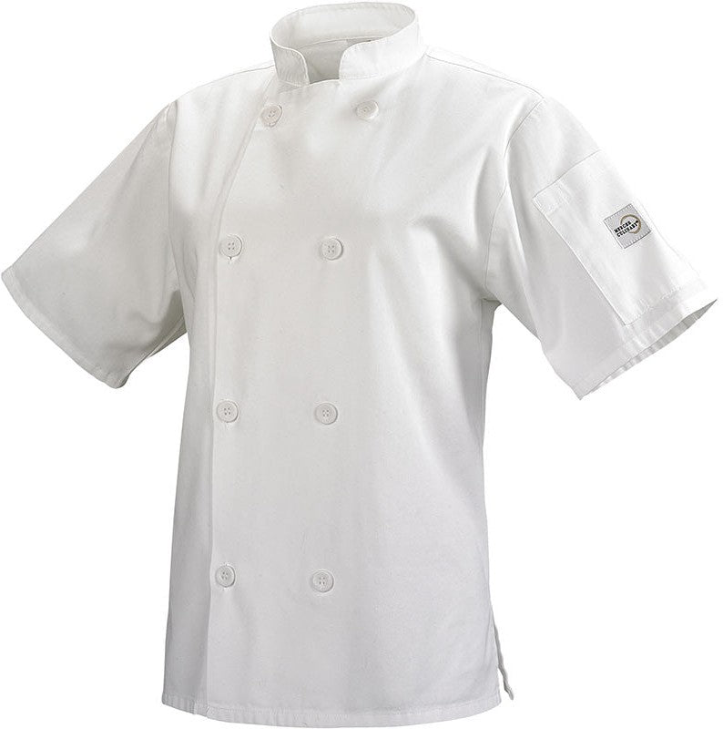 Mercer - Millennia® Poly Cotton White Women's Short Sleeve Cook Jacket with Traditional Buttons - M60023WH