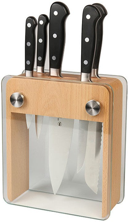 Mercer - Renaissance 8" x 3.25" x 9" Beech Wood and Tempered Glass Knife Block and German Steel Knives, Set Of 6 - M23505