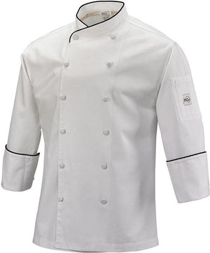 Mercer - Renaissance Poly Cotton White Men's Scoop Neck Chef Jacket with Black Piping on Neck and Cuffs - M62020WB