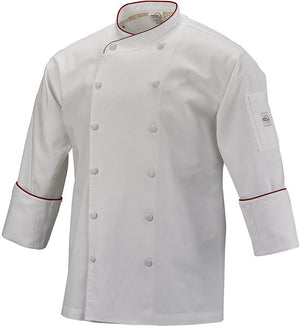 Mercer - Renaissance Poly Cotton White Men's Scoop Neck Chef Jacket with Red Piping on Neck and Cuffs - M62015WR