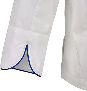 Mercer - Renaissance Poly Cotton White Men's Scoop Neck Chef Jacket With Royal Blue Piping on Neck and Cuffs - M62020WRB