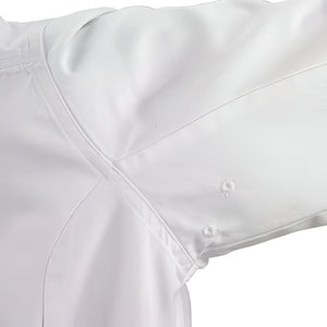 Mercer - Renaissance Poly Cotton White Men's Scoop Neck Chef Jacket With Royal Blue Piping on Neck and Cuffs - M62020WRB