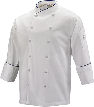 Mercer - Renaissance Poly Cotton White Men's Scoop Neck Chef Jacket With Royal Blue Piping on Neck and Cuffs - M62020WRB