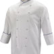 Mercer - Renaissance Poly Cotton White Men's Scoop Neck Chef Jacket With Royal Blue Piping on Neck and Cuffs - M62020WRB