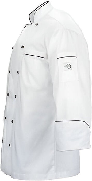 Mercer - Renaissance Poly Cotton White Men's Traditional Neck Chef Jacket with Full Black Piping - M62090WB