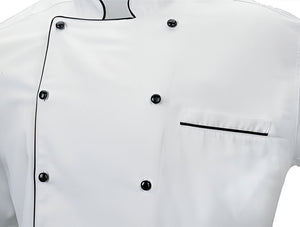 Mercer - Renaissance Poly Cotton White Men's Traditional Neck Chef Jacket with Full Black Piping - M62090WB