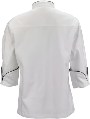 Mercer - Renaissance Poly Cotton White Women's Scoop Neck Chef Jacket with Black Piping on Neck and Cuffs - M62050WB