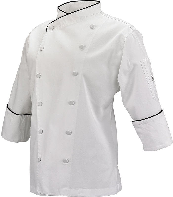 Mercer - Renaissance Poly Cotton White Women's Scoop Neck Chef Jacket with Black Piping on Neck and Cuffs - M62050WB