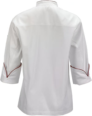 Mercer - Renaissance Poly Cotton White Women's Scoop Neck Chef Jacket with Red Piping on Neck and Cuffs - M62045WR