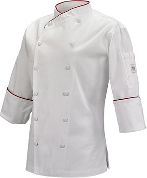 Mercer - Renaissance Poly Cotton White Women's Scoop Neck Chef Jacket with Red Piping on Neck and Cuffs - M62045WR