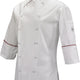 Mercer - Renaissance Poly Cotton White Women's Scoop Neck Chef Jacket with Red Piping on Neck and Cuffs - M62045WR