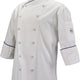 Mercer - Renaissance Poly Cotton White Women's Scoop Neck Chef Jacket with Royal Blue Piping on Neck and Cuffs - M62050WRB