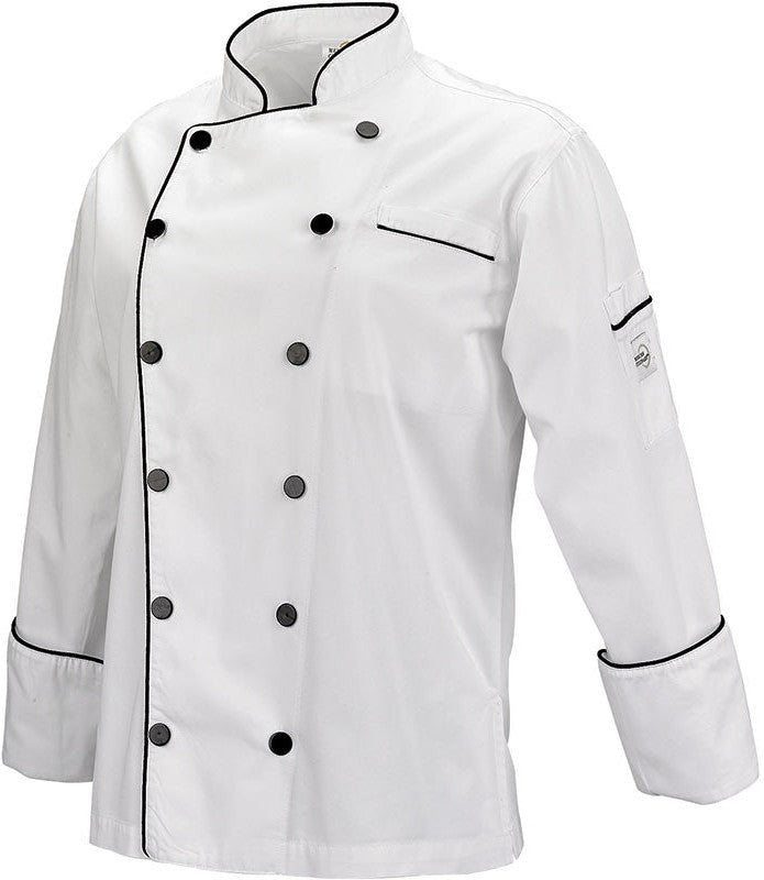 Mercer - Renaissance Poly Cotton White Women's Traditional Neck Chef Jacket with Full Black Piping - M62095WB