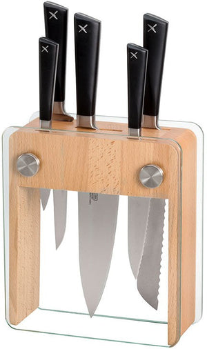 Mercer - Zum 8" x 3.25" x 9" Beech Wood and Tempered Glass Knife Block and German Steel Knives, Set Of 6 - M19105