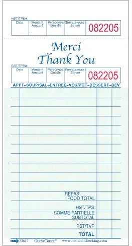 NCCO International - 3.5" x 6.75" Medium Single Guest Check, 1000/Pk - 23617