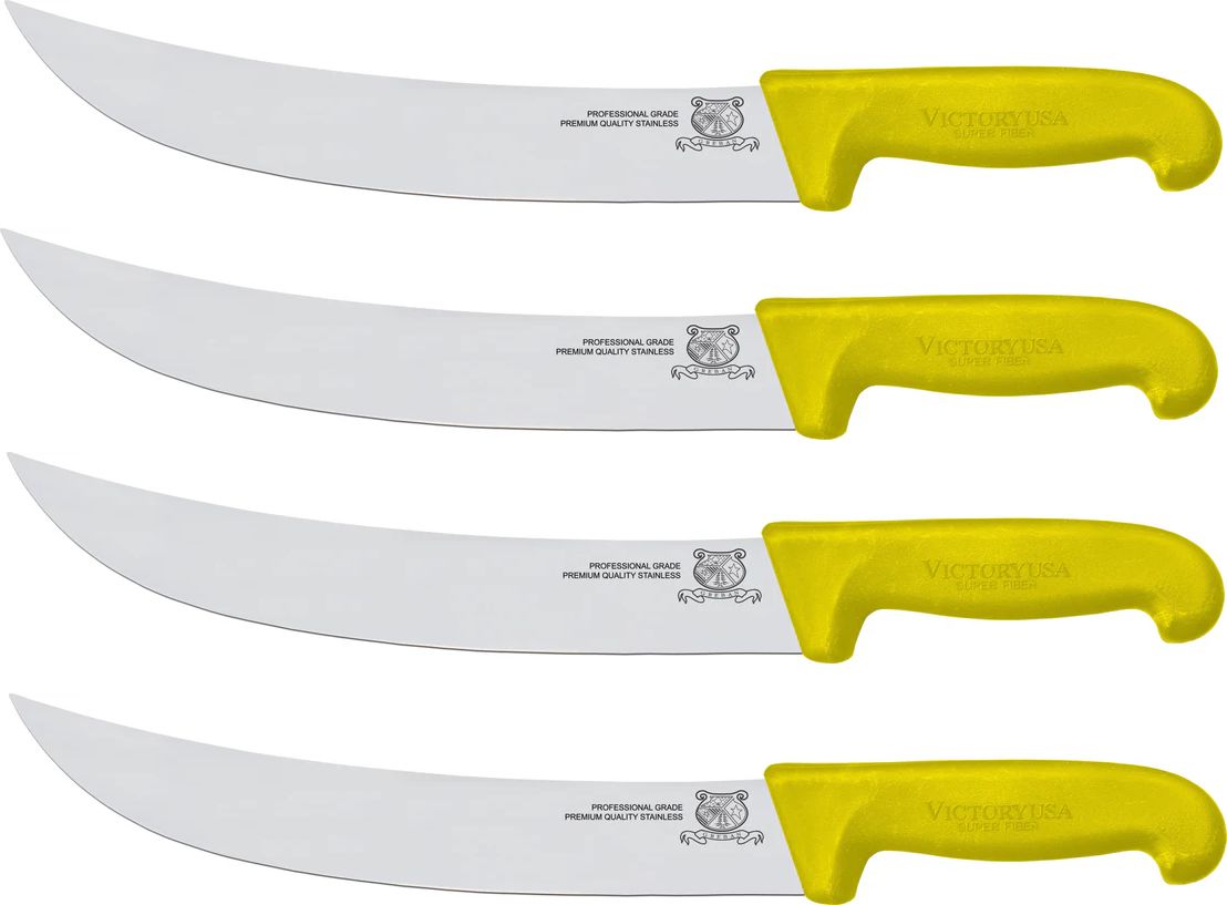 Omcan - 12” Victoria USA Steak Knife with Yellow Super Fiber Handle, Pack of 4 - 23889