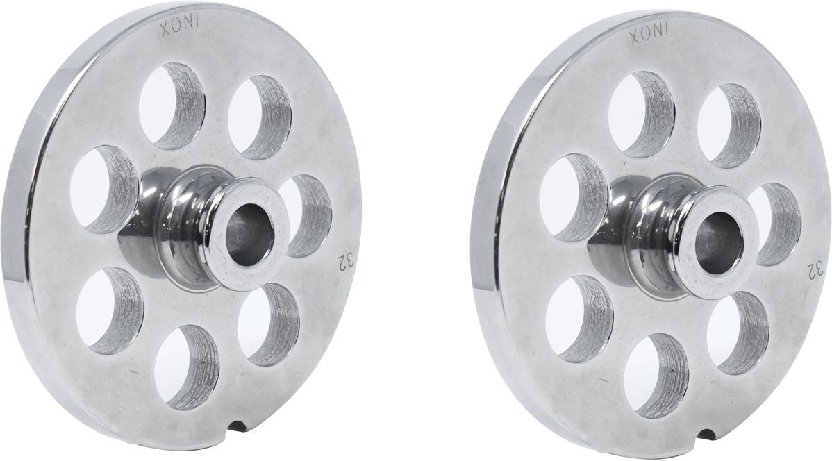 Omcan - #32 European-Style (3.5 mm) Stainless Steel Meat Grinder Plate with Hub, Pack of 2 - 37546