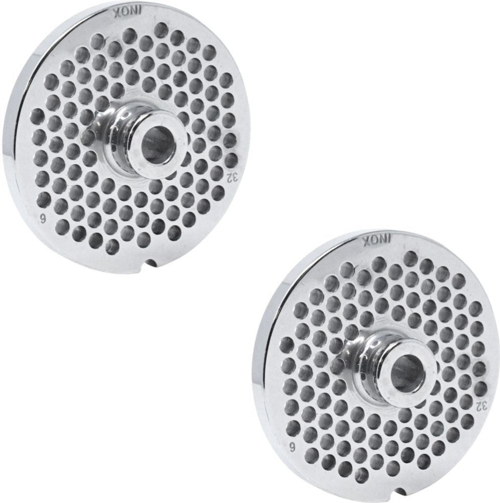 Omcan - #32 European-Style (6 mm) Stainless Steel Meat Grinder Plate with Hub, Pack of 2 - 11208