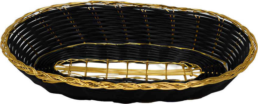 Omcan - 9" x 6.25" x 2.25" Long Oval Woven Basket Black With Golden Trim, Pack of 20 - 47194