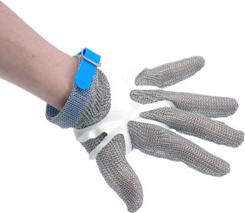 Omcan - Large Five Finger Stainless Steel Mesh Glove with Blue Silicone Strap, Pack of 2 - 44350