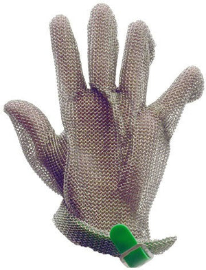 Omcan - Large Five Finger Stainless Steel Mesh Glove with Green Silicone Strap, Pack of 2 - 44353