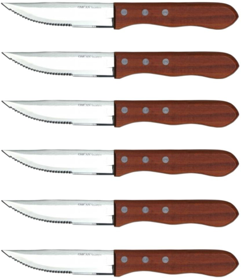 Omcan - Steak Knife with Pointed Tip & Wood Handle, 6 Knives/Box, Pack of 3 Boxes - 12791