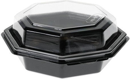 Pactiv Evergreen - 16 Oz RPET Hinged Lid Octagon Take Out Container with Black Base and Clear Lid, Pack of 150- 12096