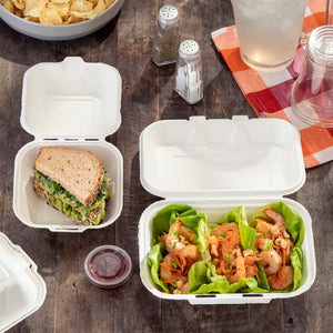 Pactiv Evergreen - 6" x 6" x 3" Earth Choice Bagasse Hinged Lid Takeout Container Natural, Pack of 500 - YMCH00800001