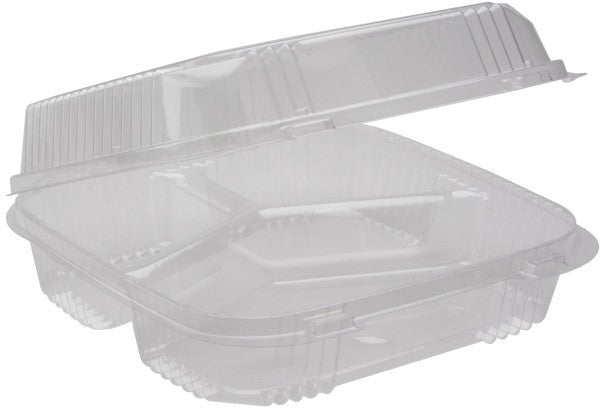 Pactiv Evergreen - 8" SmartLock® Hinged Lid 3-Compartment Container Clear, Pack of 200 - YCI811230000