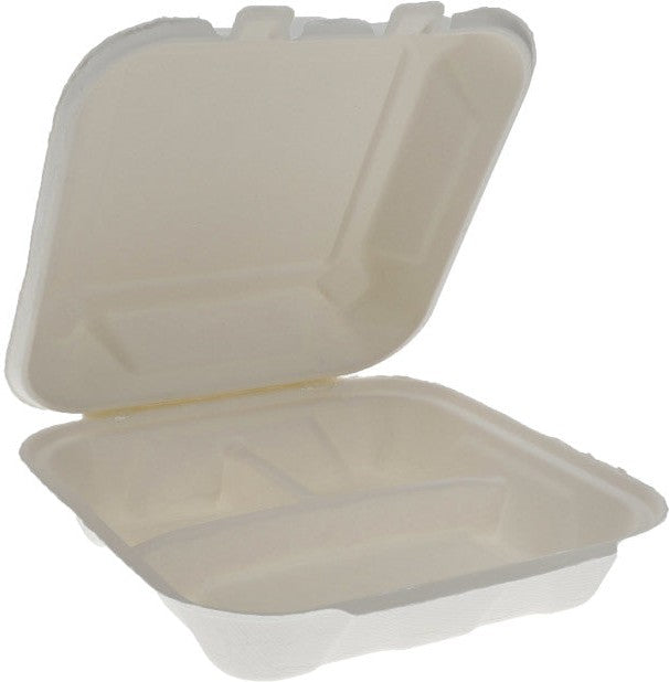 Pactiv Evergreen - 8" x 8" x 3" Earth Choice Bagasse Hinged Lid Takeout Container Natural 3 Compartment , Pack of 150 - YMCH08030001