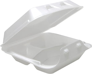 Pactiv Evergreen - 8" x 8.5" x 3", White Foam Medium Hinged-Lid Takeout Container 3-Compartment Smartlock, Pack of 150 - YHLW08030000