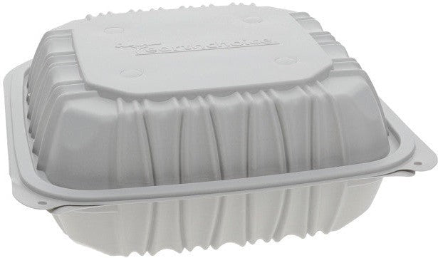 Pactiv Evergreen - 8.5 x 8.6 x 3.1" White, Vented 3-Compartment MFPP Hinged Lid Container, Pack of 146 - YCNW0853