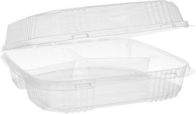 Pactiv Evergreen - 9" Clear, SmartLock® 3-Compartment Hinged Lid Container, Pack of 200- YCI811130000