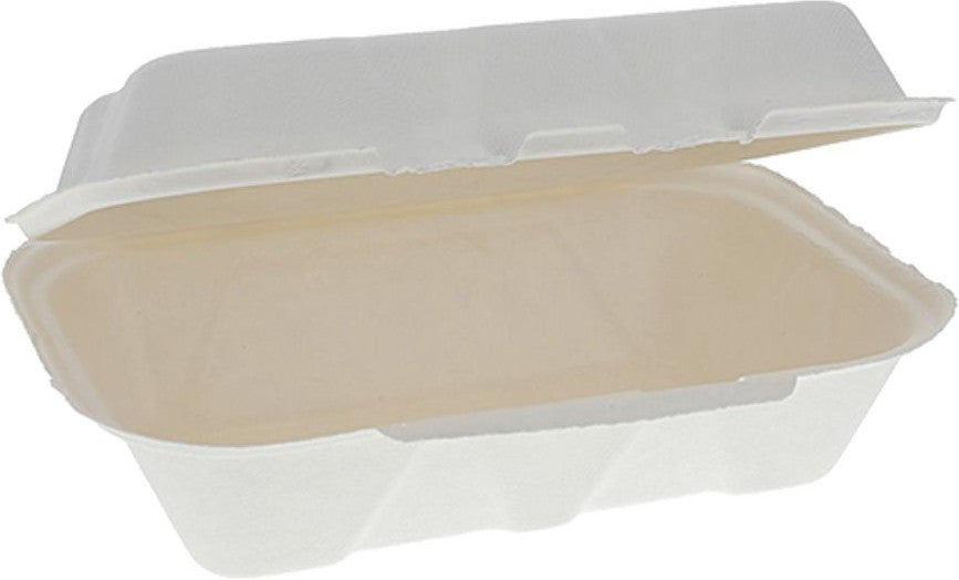 Pactiv Evergreen - 9 x 6 x 3" White, Compostable Fiber Blend Hinged Lid Container, Pack of 150 - YMCH00890001