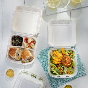 Pactiv Evergreen - 9" x 9" x 3" Earth Choice Bagasse 3 Compartment Hinged Takeout Container With Lid, Pack of 150- YMCH09030001