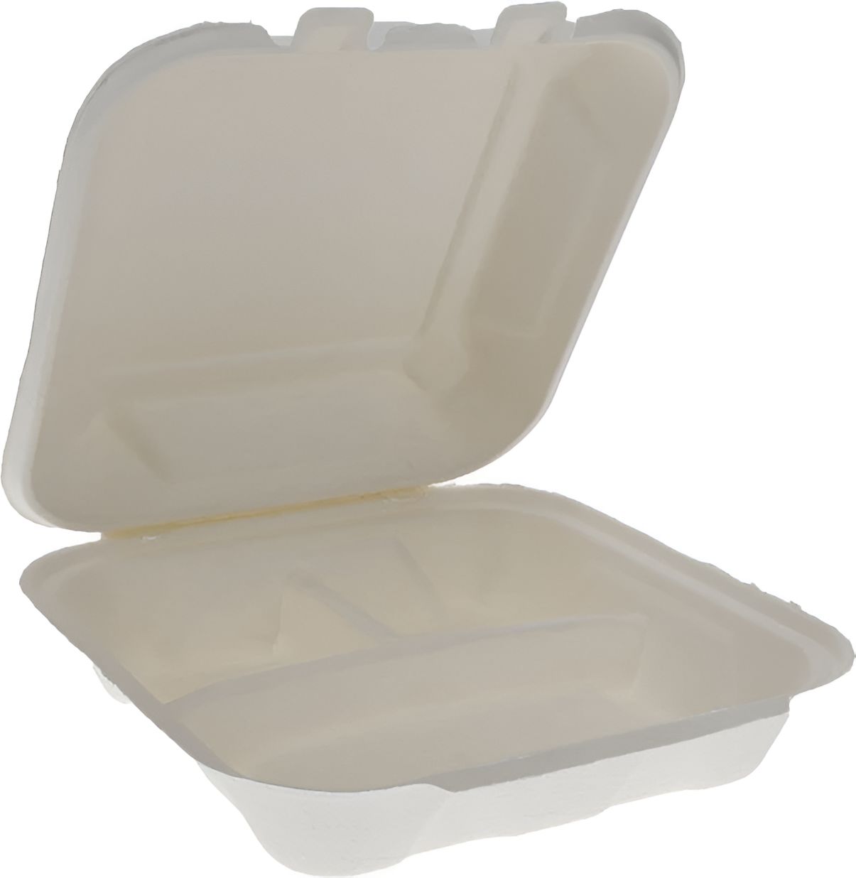 Pactiv Evergreen - 9" x 9" x 3" Earth Choice Bagasse 3 Compartment Hinged Takeout Container With Lid, Pack of 150- YMCH09030001