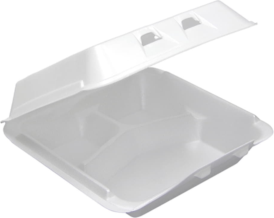 Pactiv Evergreen - 9" x 9.125" x 3.25", White Foam Large Hinged-Lid Takeout Container 3-Compartment Smartlock, Pack of 150 - YHLW09030000