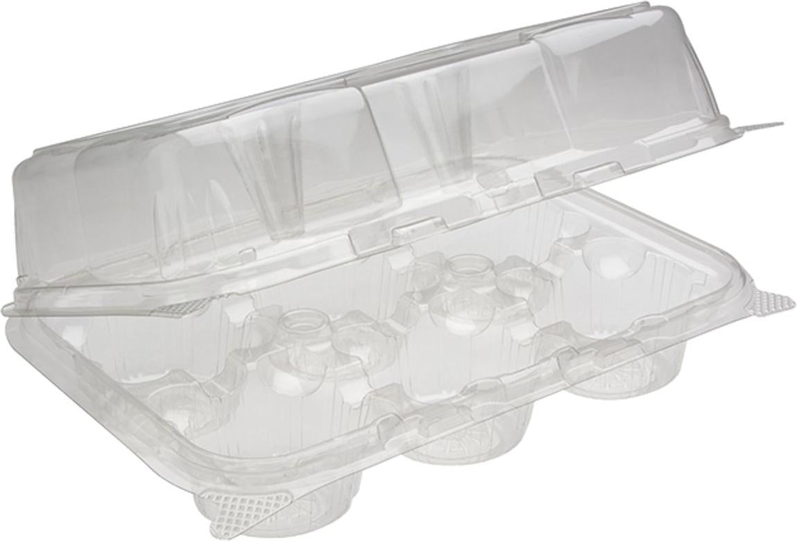 Pactiv Evergreen - 9.84" x 6.95" x 3.43" RPET Clear Hinged Lid Cupcake / Muffin Container With 6 Compartment, 120/Cs - 260319