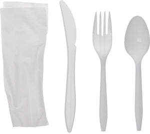 Pactiv Evergreen - Fieldware Medium Weight Wrapped White Plastic Cutlery Set (Fork, Spoon, Knife, Napkin), 250 Count - FKFSKWNCH