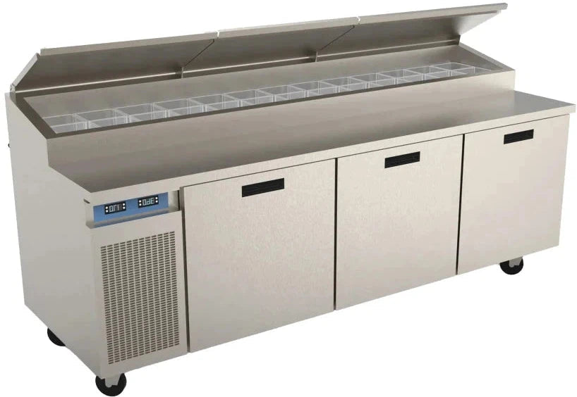 Randell - 111" Stainless Steel 3 Door Refrigerated Pizza Prep Table With 16" Poly Cutting Board - 84111N-290-PCB (Special Order 4-6 Weeks)