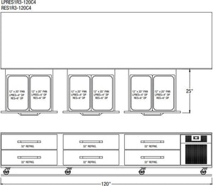 Randell - 120" Stainless Steel Six Drawers Refrigerated Chef Base With Equipment Stand - RES1x3-120C4 (Special Order 4-6 Weeks)