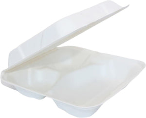 RiteEarth - 8" x 8" x 2.5" 3 Compartment Bagasse Hinged Container, Pack of 200 - H803