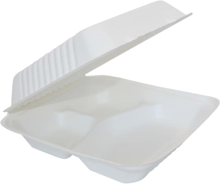 RiteEarth - 9" x 9" x 3" 3 Compartment Bagasse Hinged Container, Pack of 200 - H903