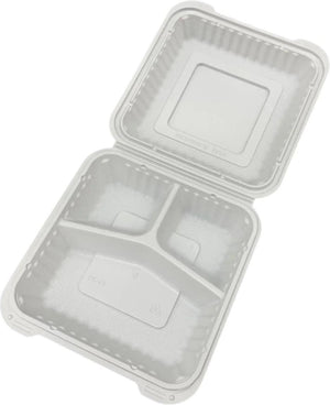 RitePak - 9" x 9" White MFPP Hinged Container with 3 Compartment, 150Pcs/Cs - RPPH903